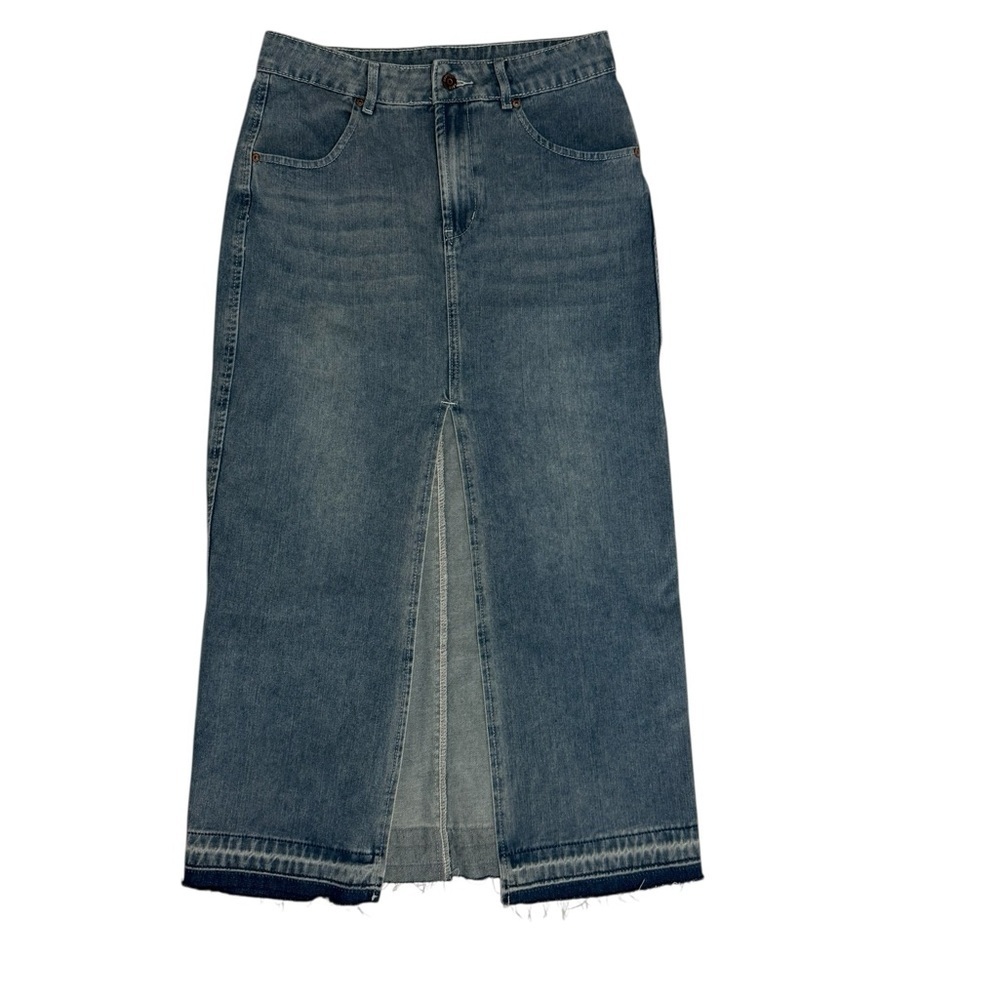 Happily grey high front slit denim midi skirt light wash raw hem Small